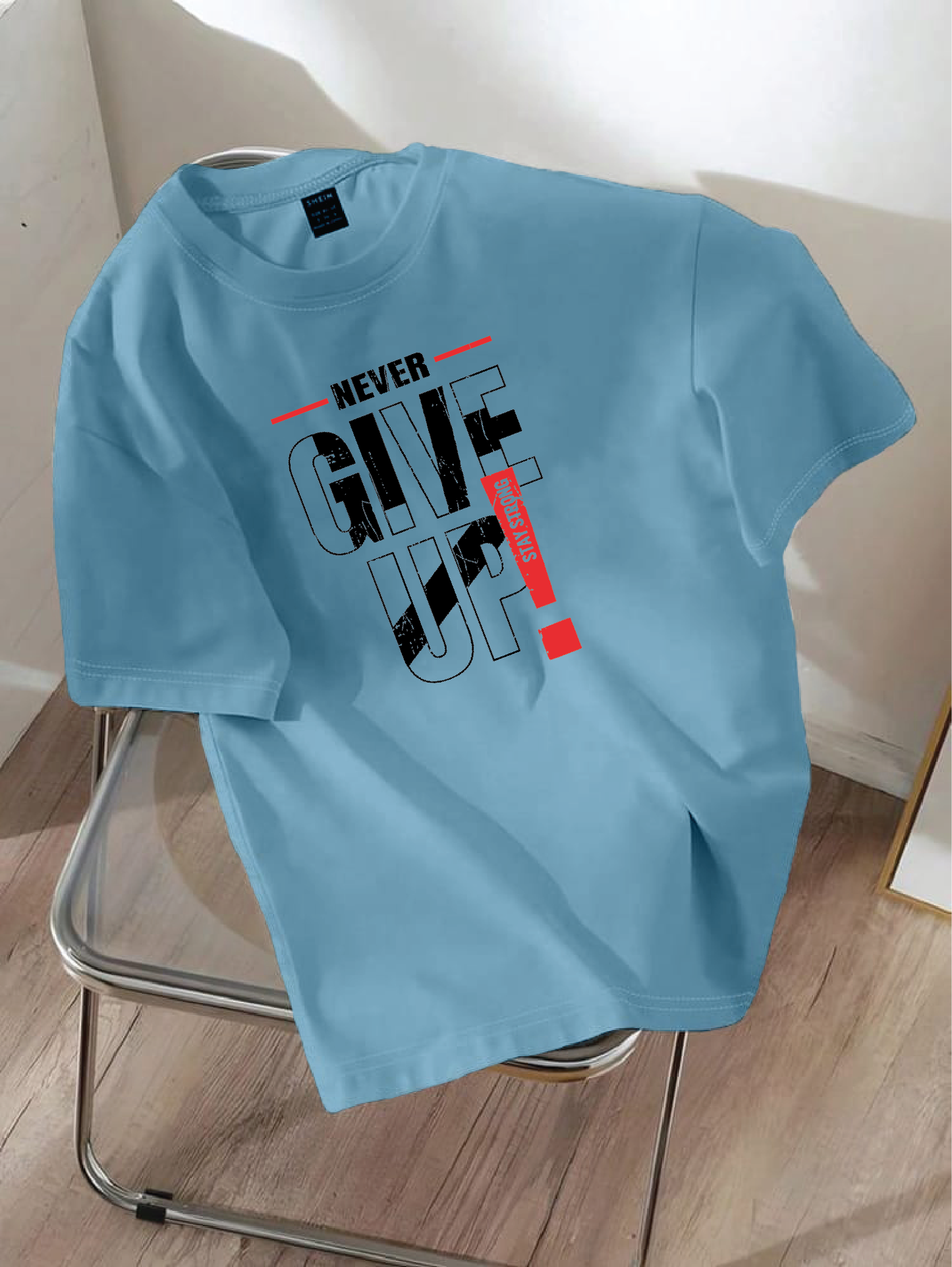 Drop Shoulder T-shirt Print NEVER GIVE UP