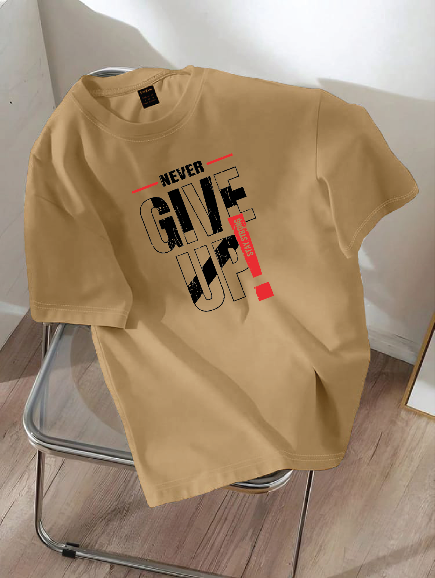 Drop Shoulder T-shirt Print NEVER GIVE UP