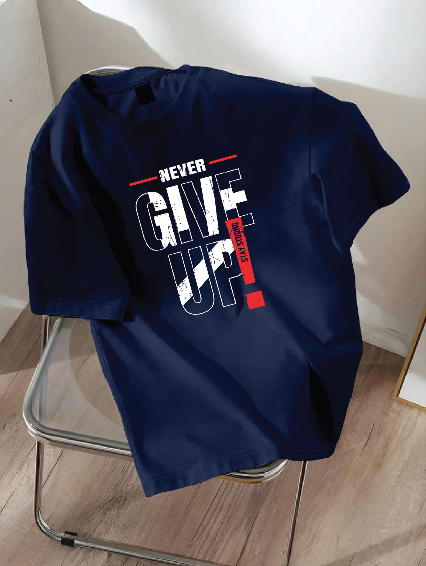Drop Shoulder T-shirt Print NEVER GIVE UP