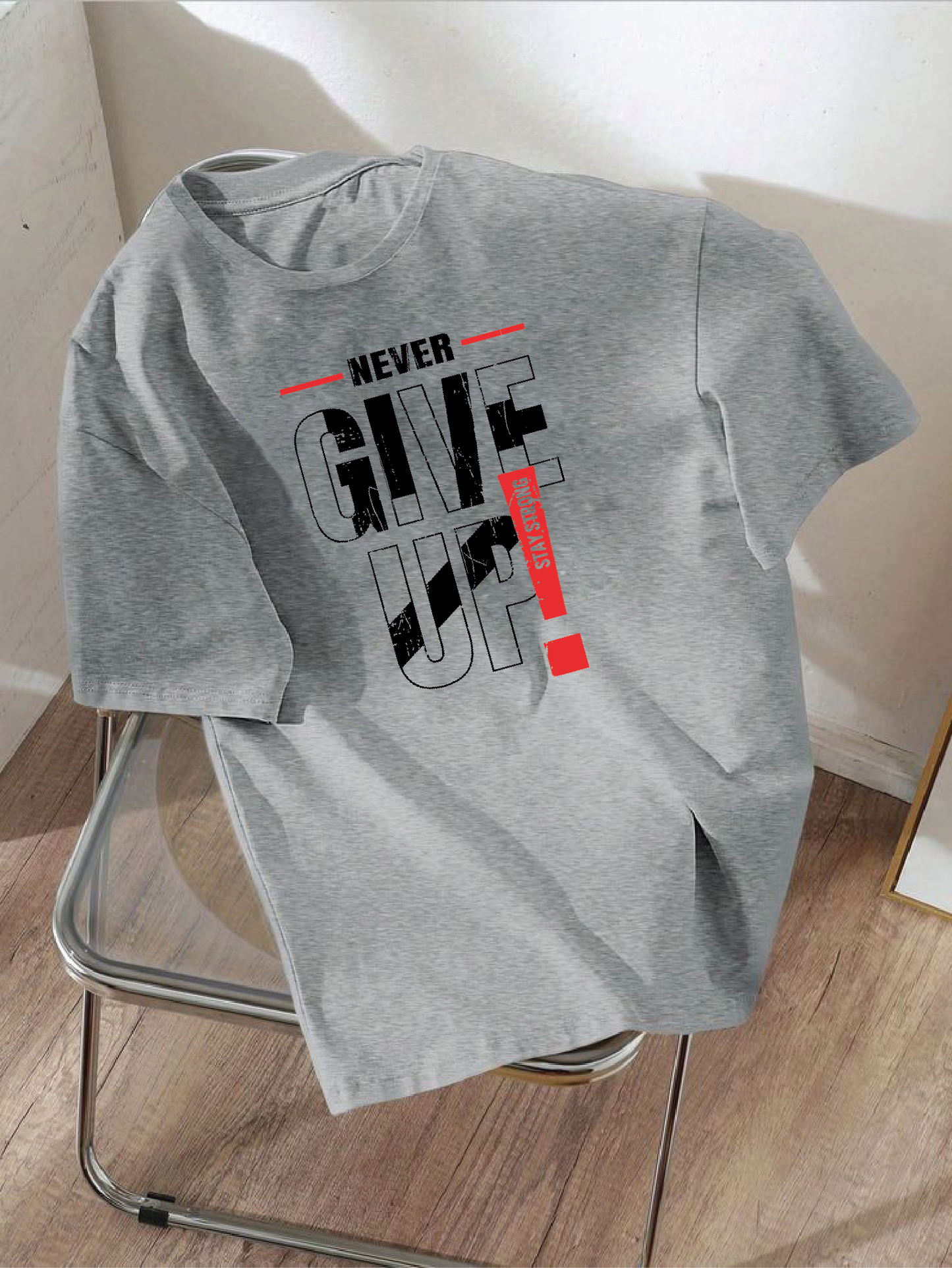 Drop Shoulder T-shirt Print NEVER GIVE UP