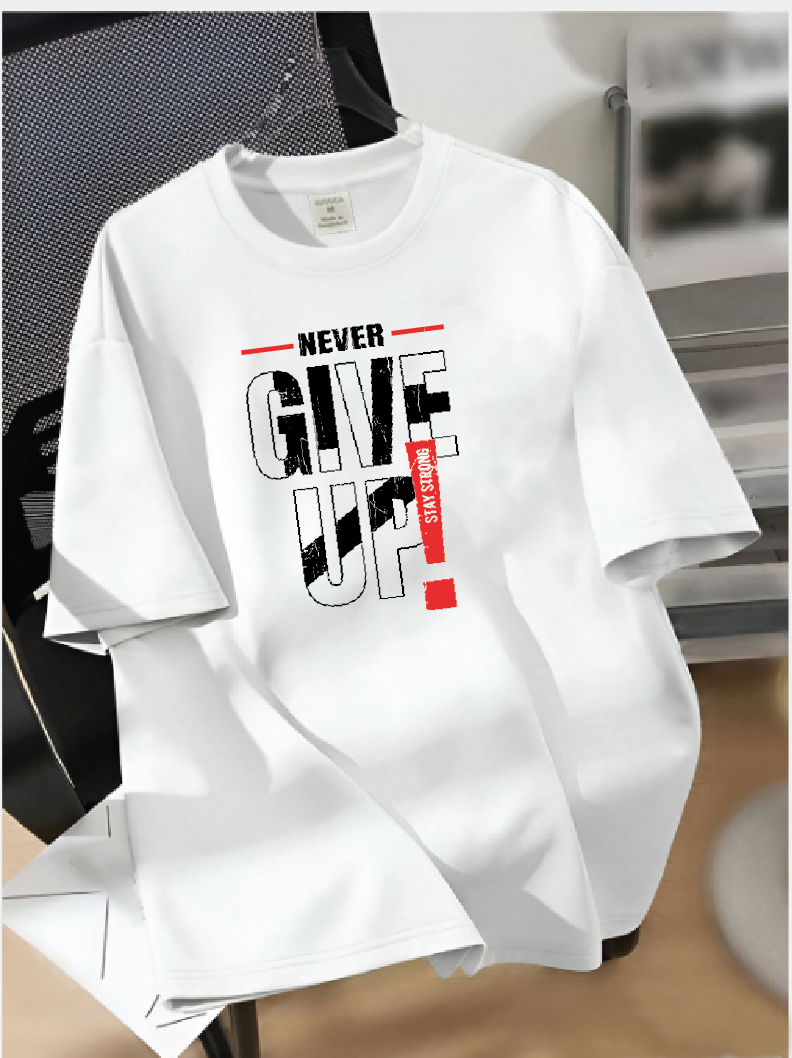 Drop Shoulder T-shirt Print NEVER GIVE UP