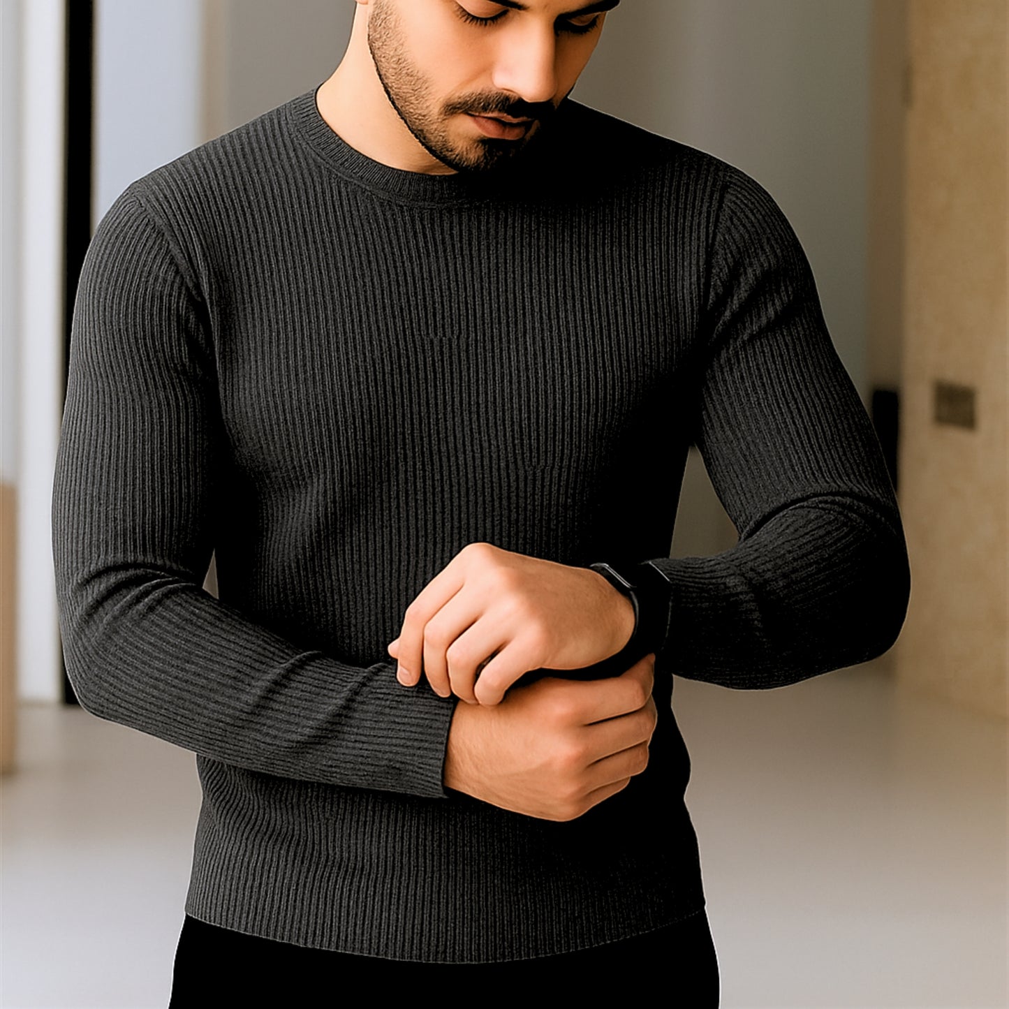 Premium Full Sleeve Rib T-Shirt Anthra Melange