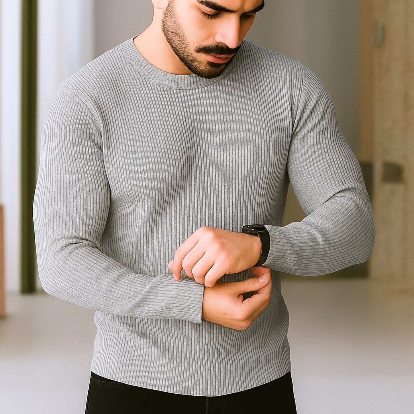 Premium Full Sleeve Rib T-Shirt Ash