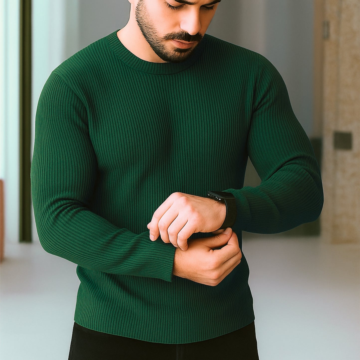 Premium Full Sleeve Rib T-Shirt Bottle Green