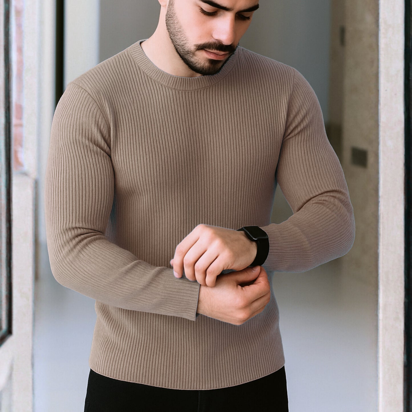 Premium Full Sleeve Rib T-Shirt Brown