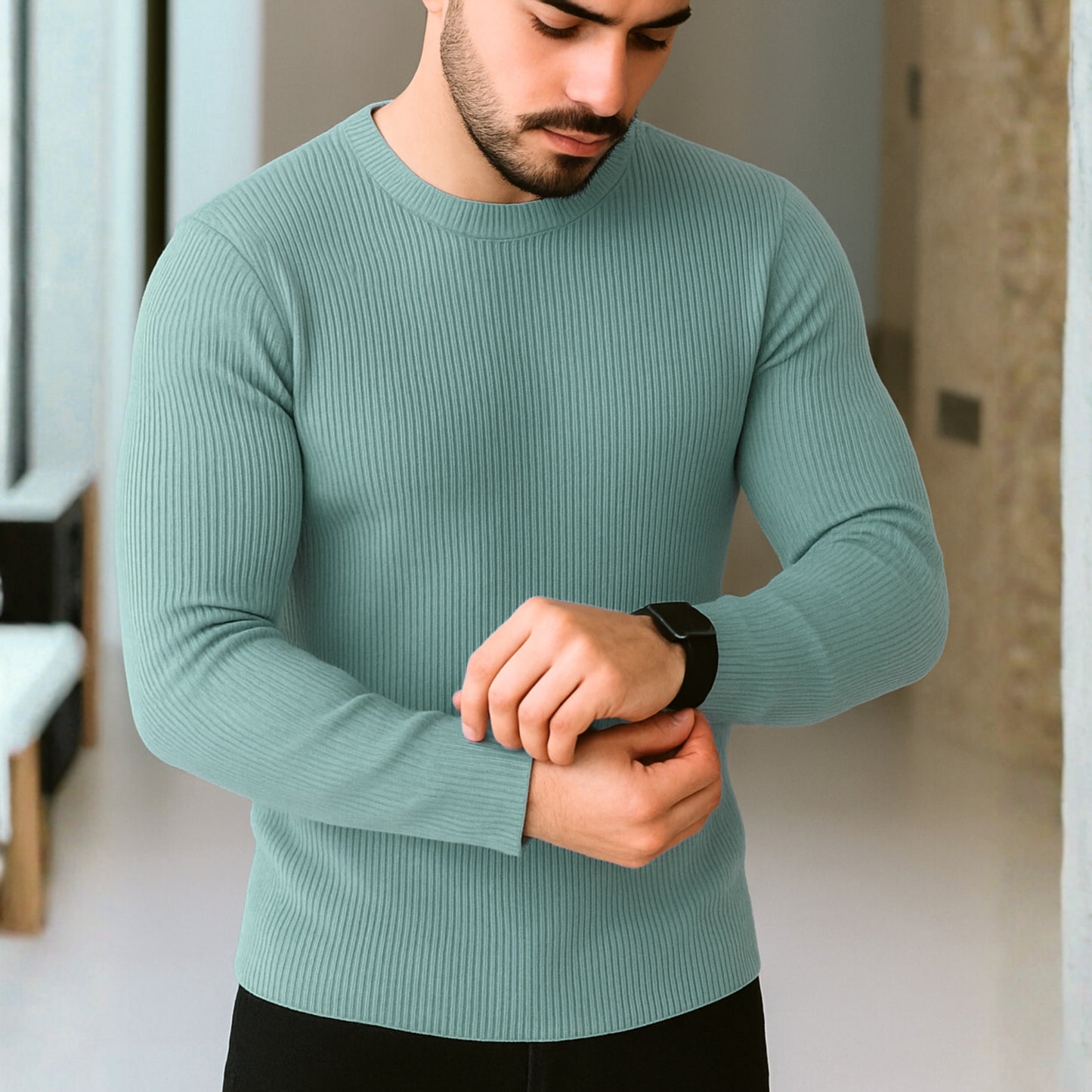 Premium Full Sleeve Rib T-Shirt Cadet Blue