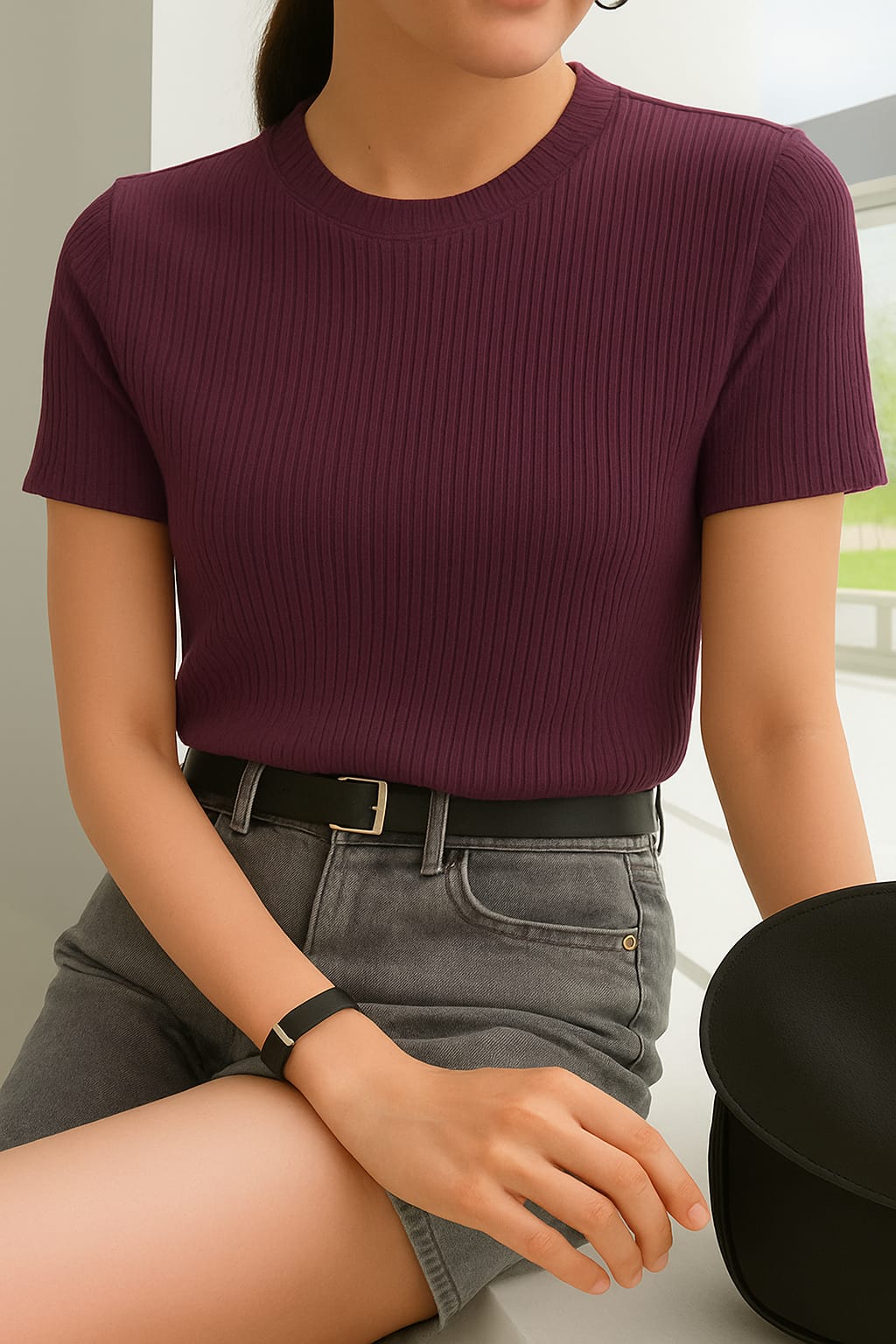 Ladies Rib T-Shirt Deep Magenta