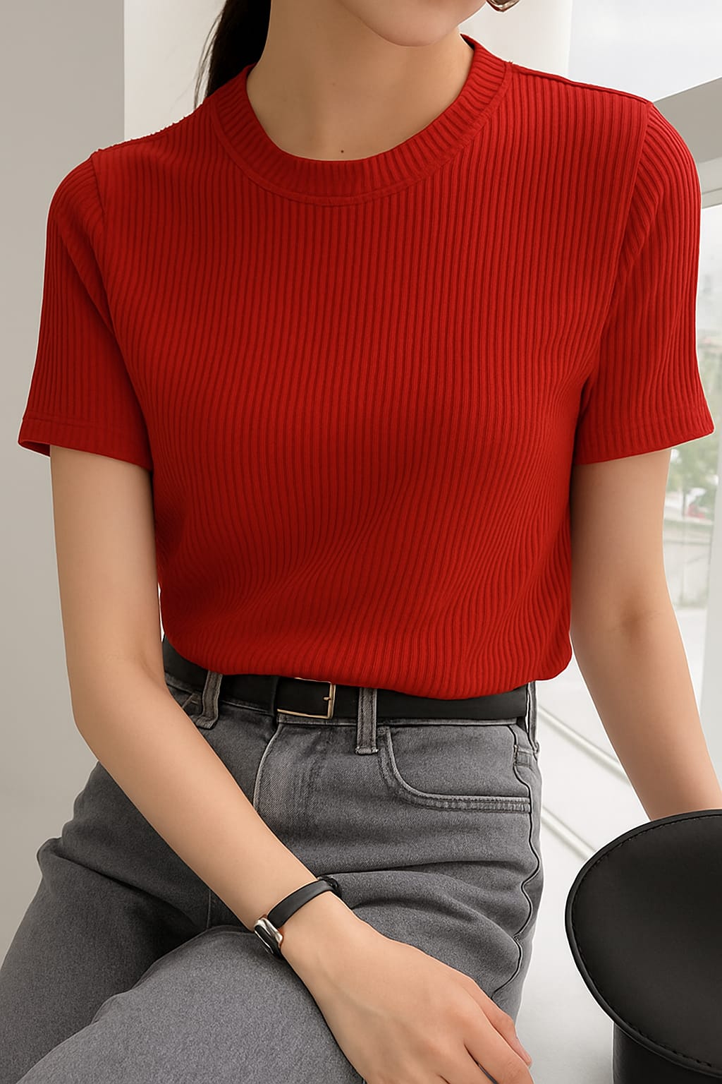 Ladies Rib T-Shirt Red