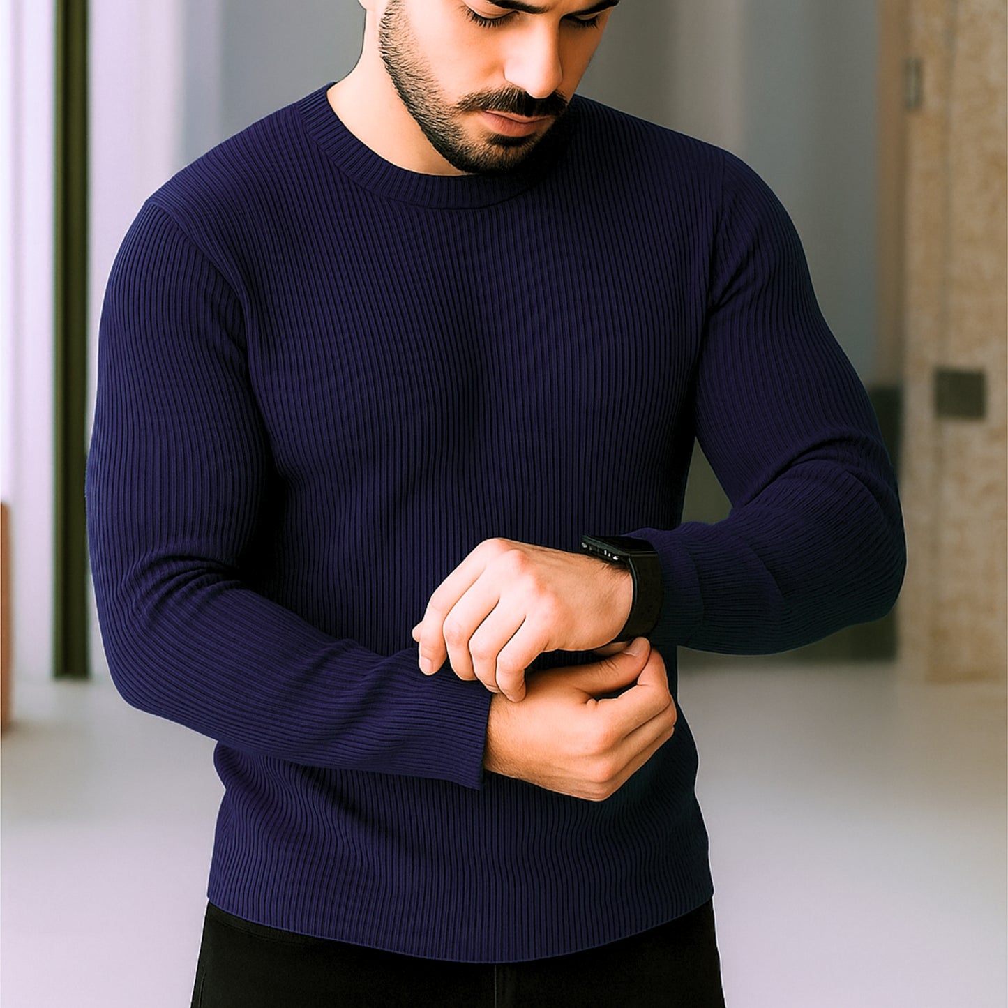 Premium Full Sleeve Rib T-Shirt Neavy Blue