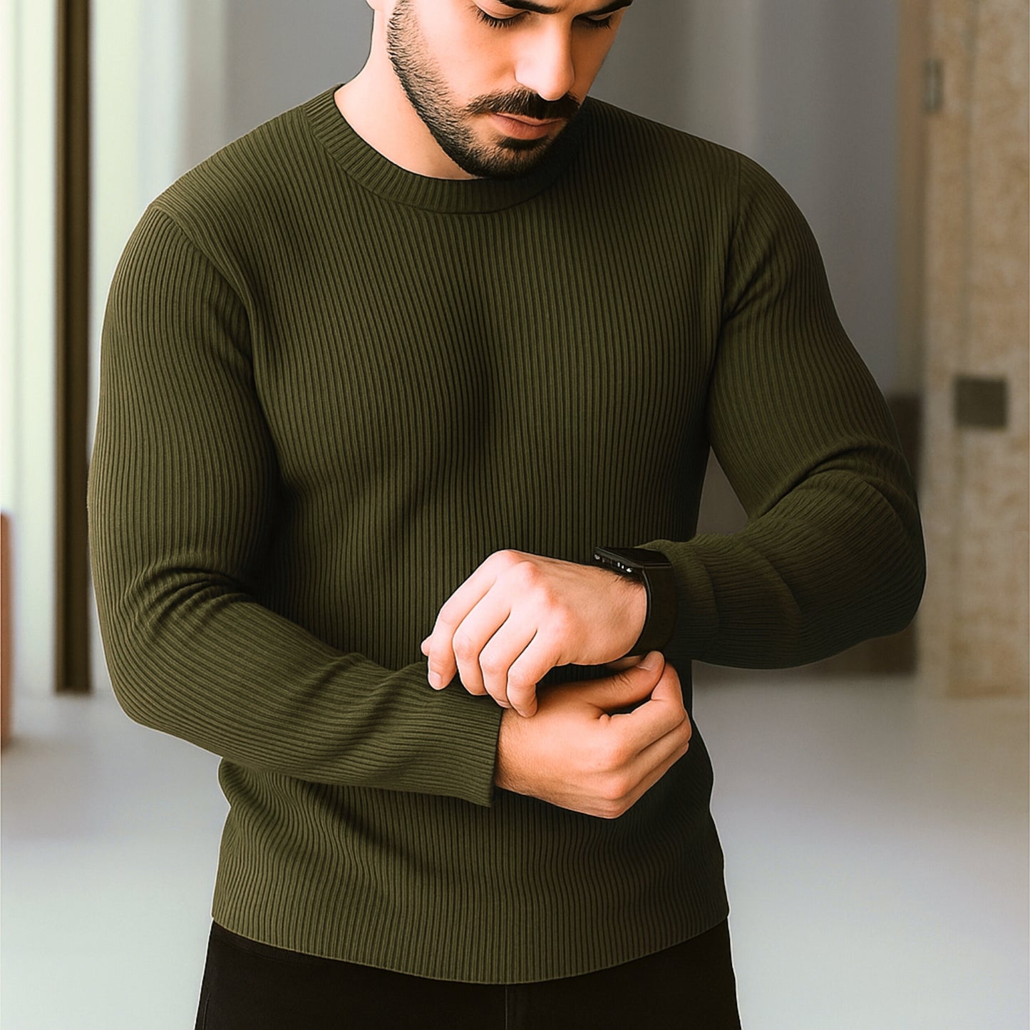 Premium Full Sleeve Rib T-Shirt Olive