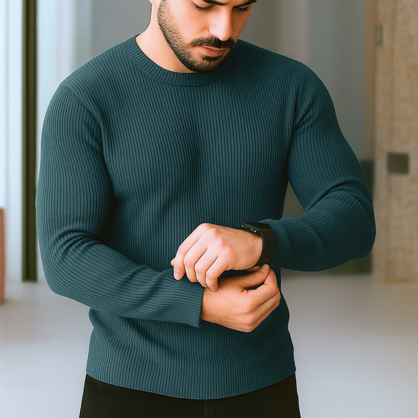 Premium Full Sleeve Rib T-Shirt Peacock Blue