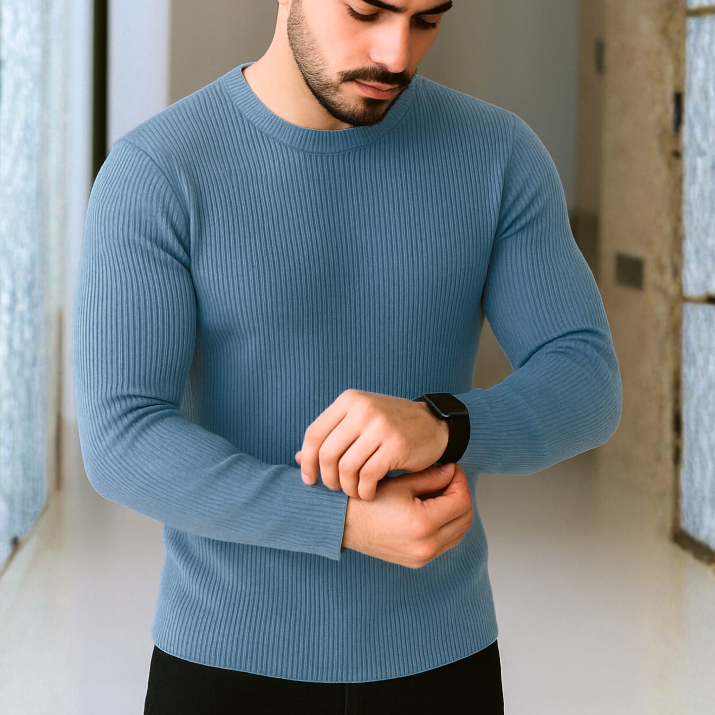 Premium Full Sleeve Rib T-Shirt Slate Blue