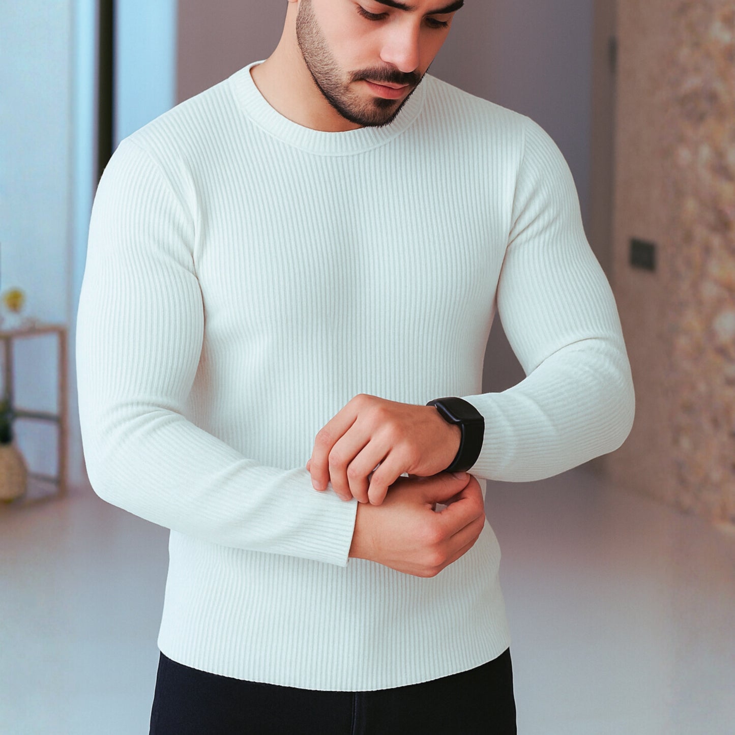 Premium Full Sleeve Rib T-Shirt White