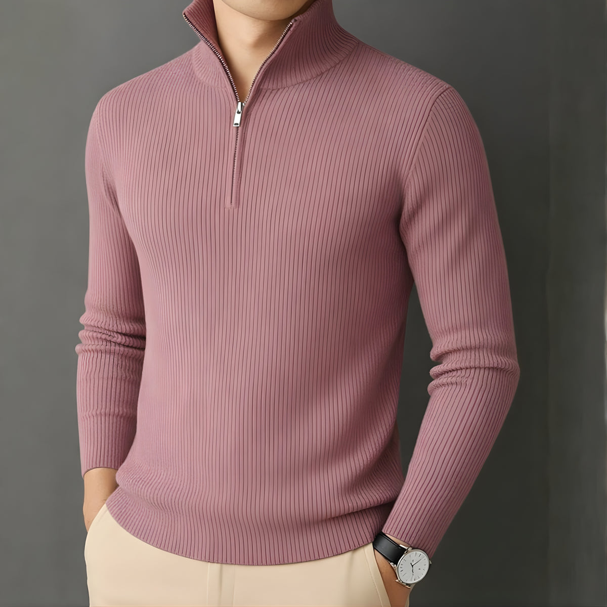 Premium Ribbed Quarter-Zip Full Sleeve Magenta