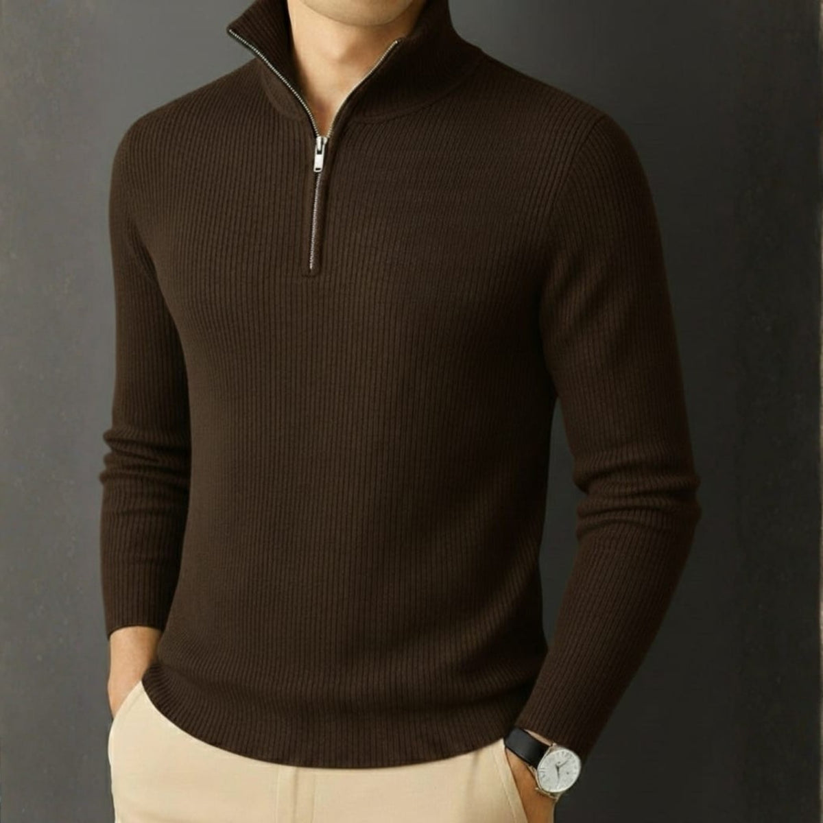 Premium Ribbed Quarter-Zip Full Sleeve Coffee