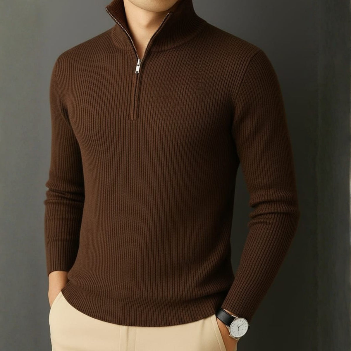 Premium Ribbed Quarter-Zip Full Sleeve Dark Brown