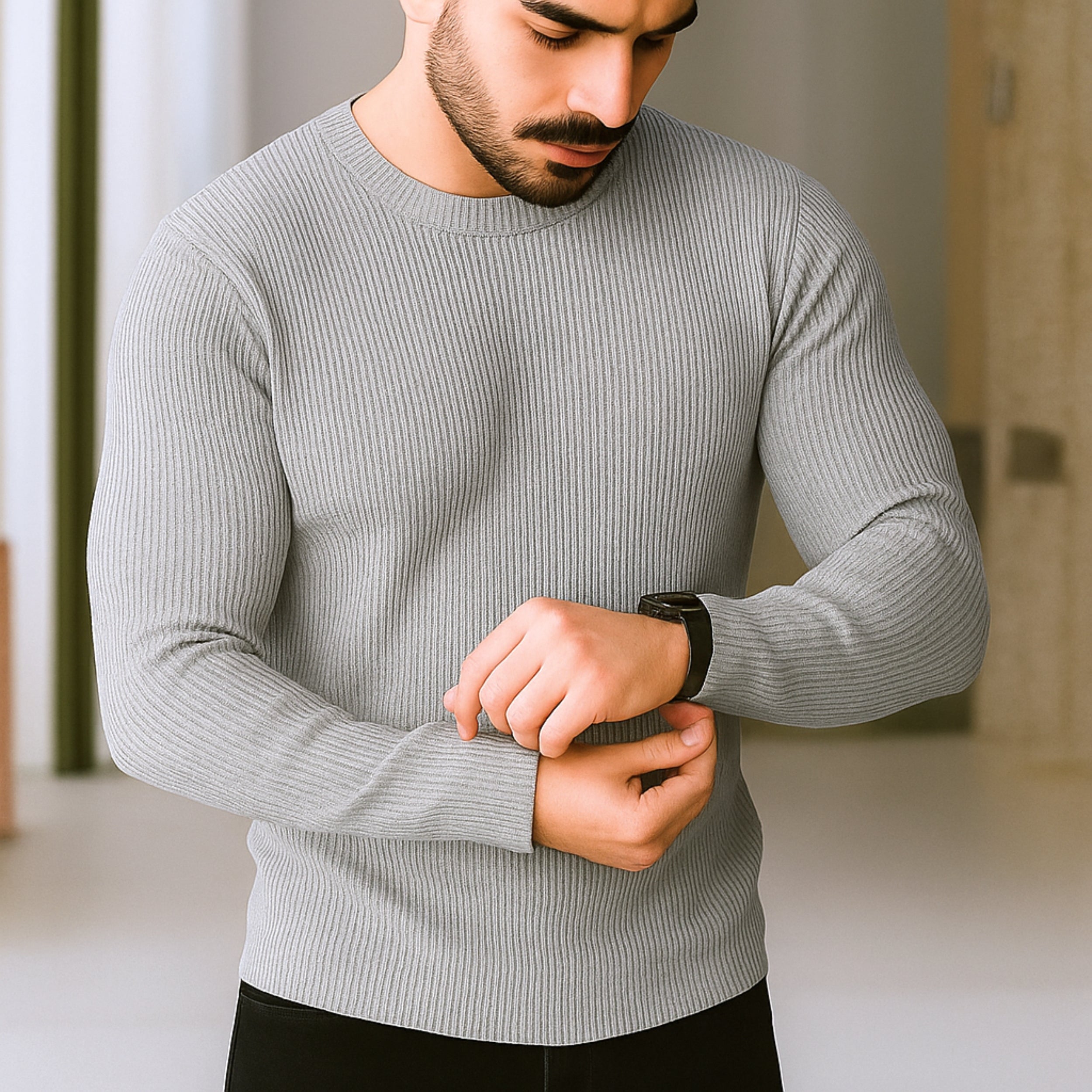 Premium Full Sleeve Rib T-Shirt Ash