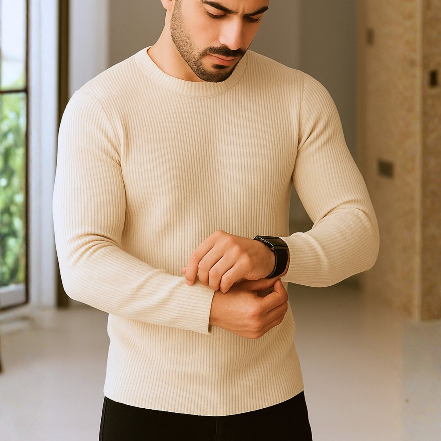 Premium Full Sleeve Rib T-Shirt Biscuit