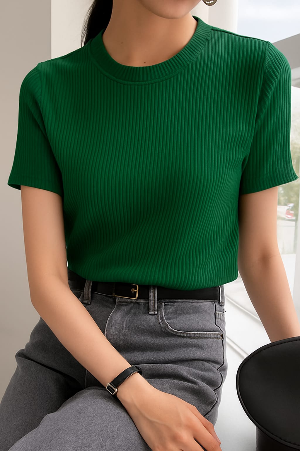 Ladies Rib T-Shirt Bottle Green