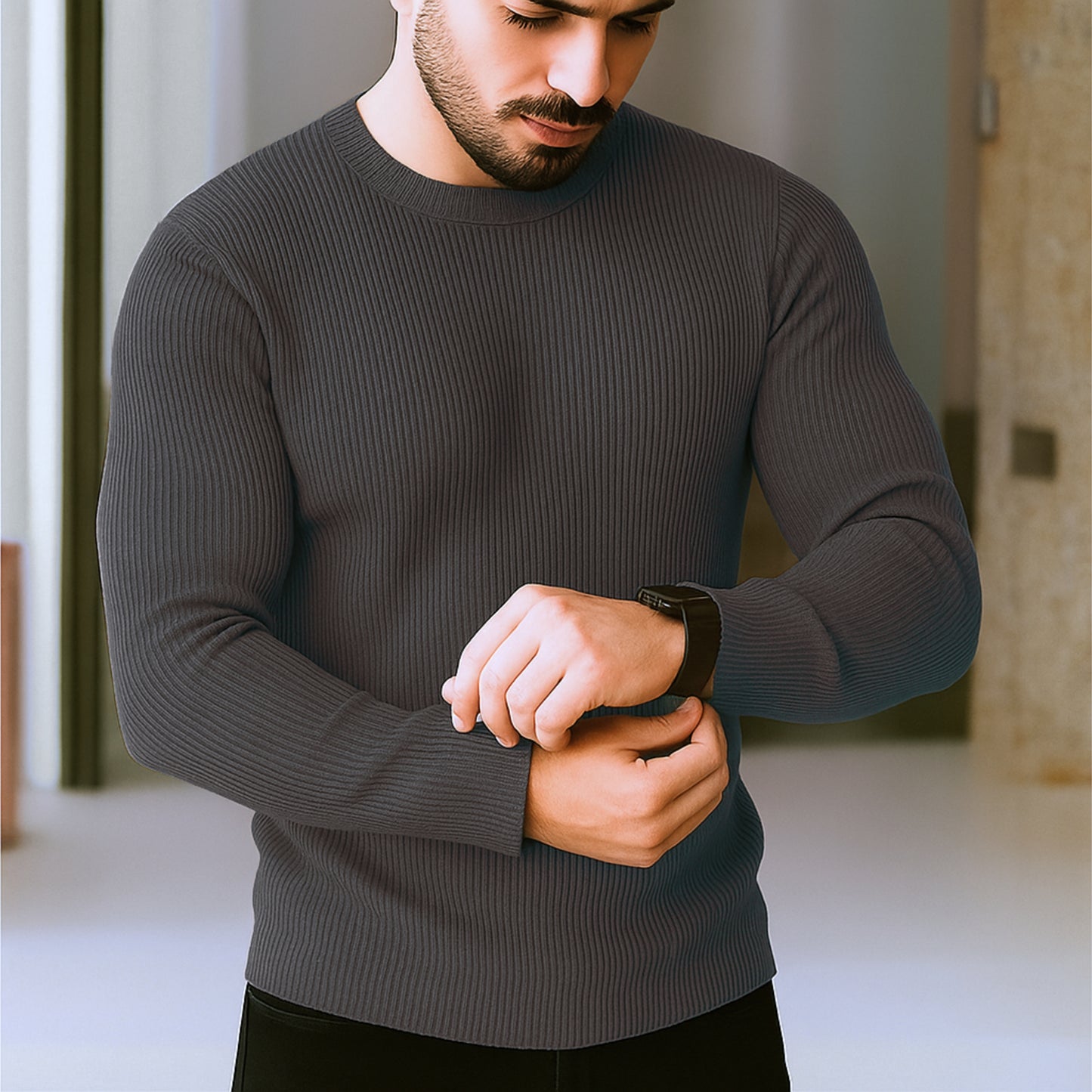 Premium Full Sleeve Rib T-Shirt Dark Grey