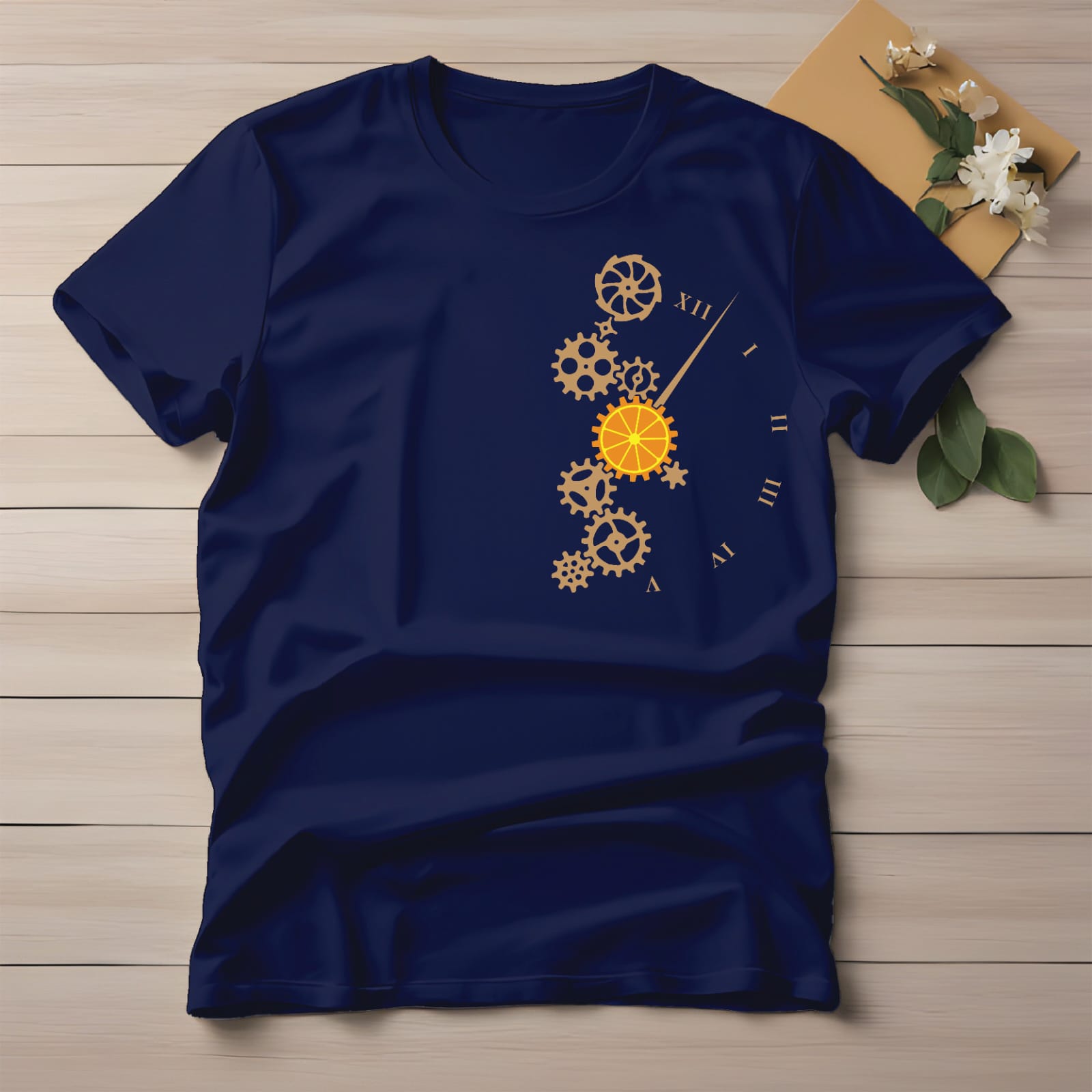 Half Sleeve t-shirt print Orange Clock