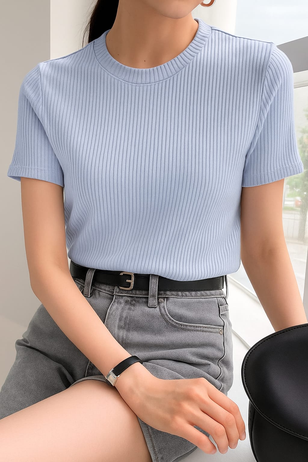 Ladies Rib T-Shirt Sky Blue