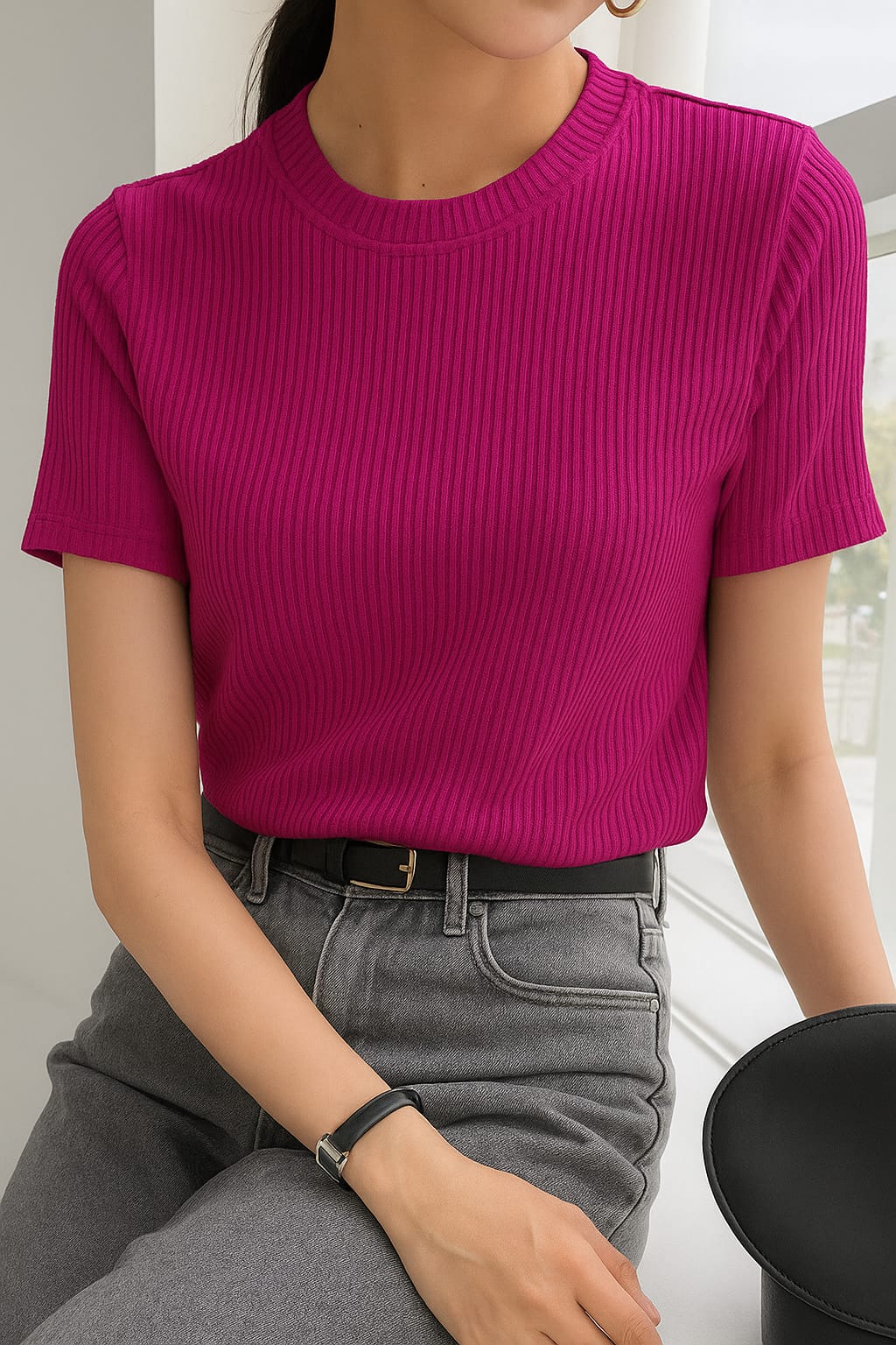 Ladies Rib T-Shirt Pink