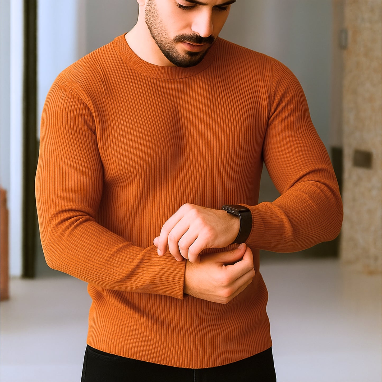 Premium Full Sleeve Rib T-Shirt Orange