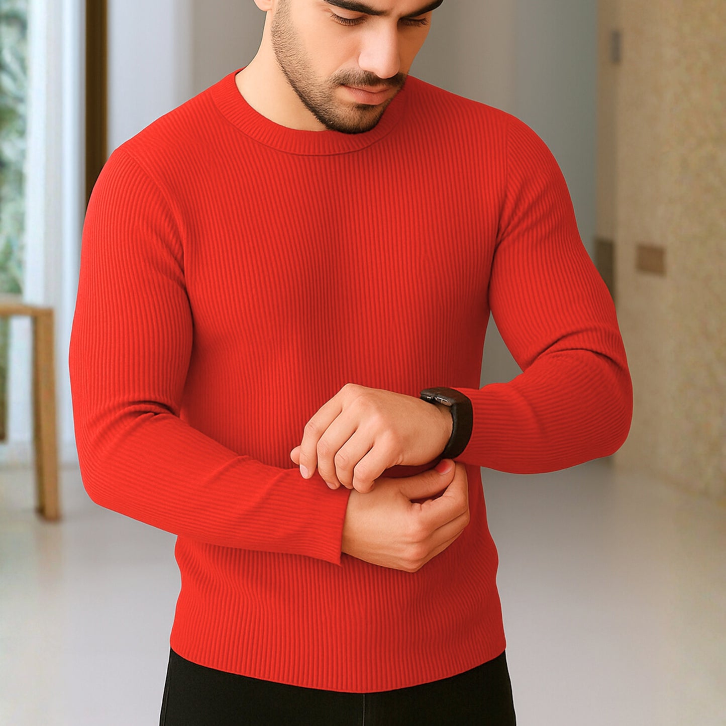 Premium Full Sleeve Rib T-Shirt Red