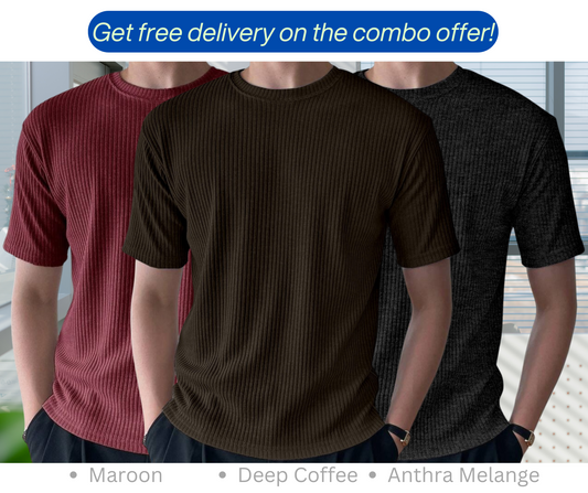 Rib T-Shirt Combo (Deep Coffee, Anthra Melange, Maroon)