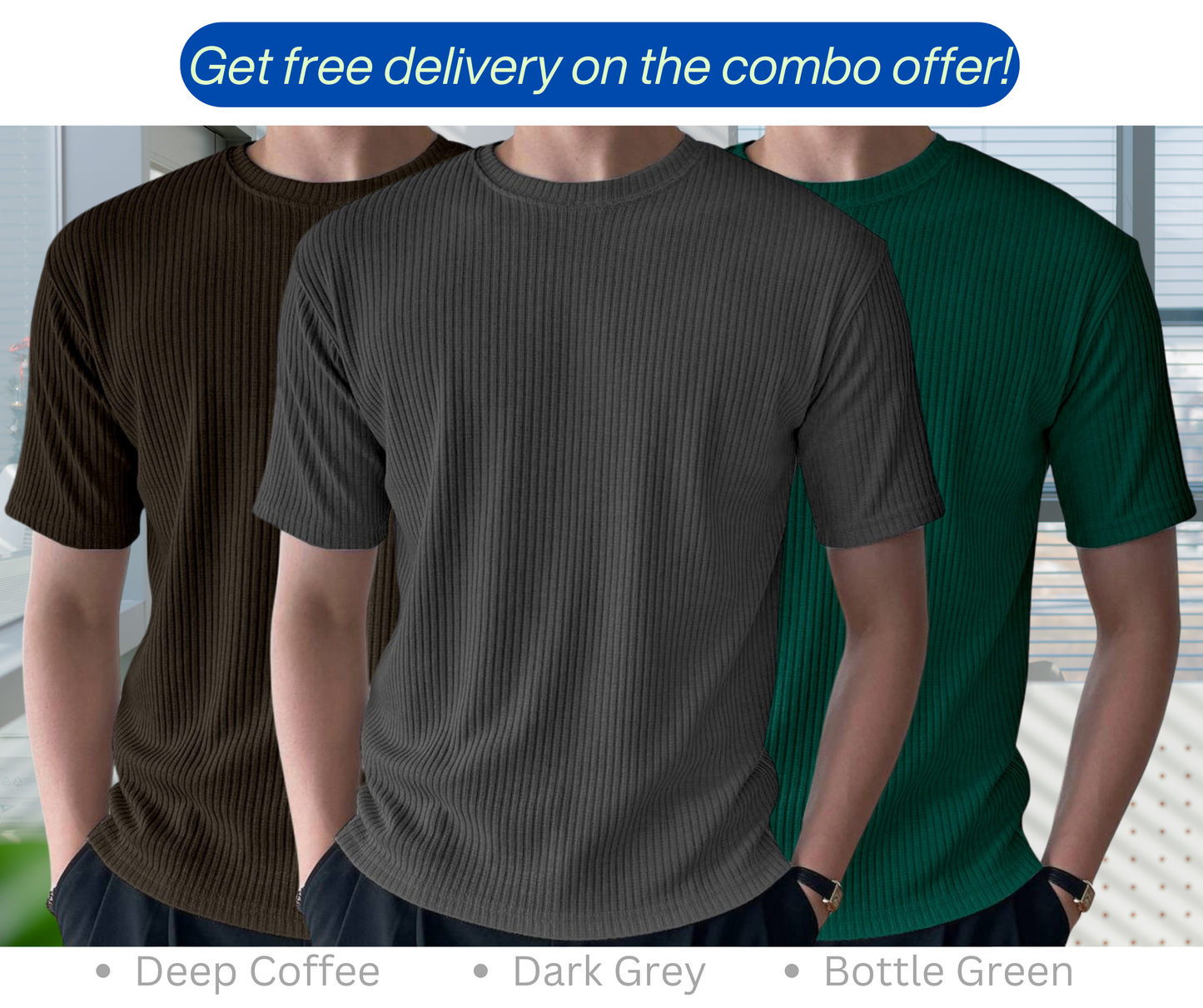 Rib T-Shirt Combo (Dark Grey, Bottle Green, Deep Coffee)