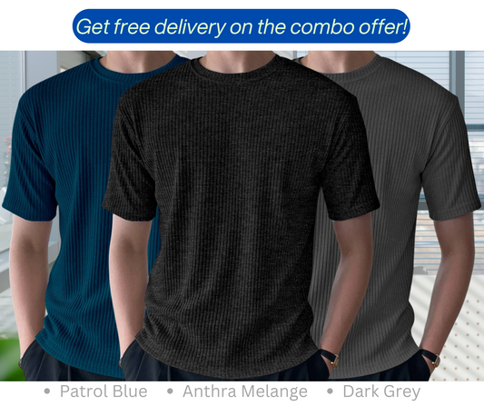 Rib T-Shirt Combo (Anthra Melange, Dark Grey, Patrol Blue)