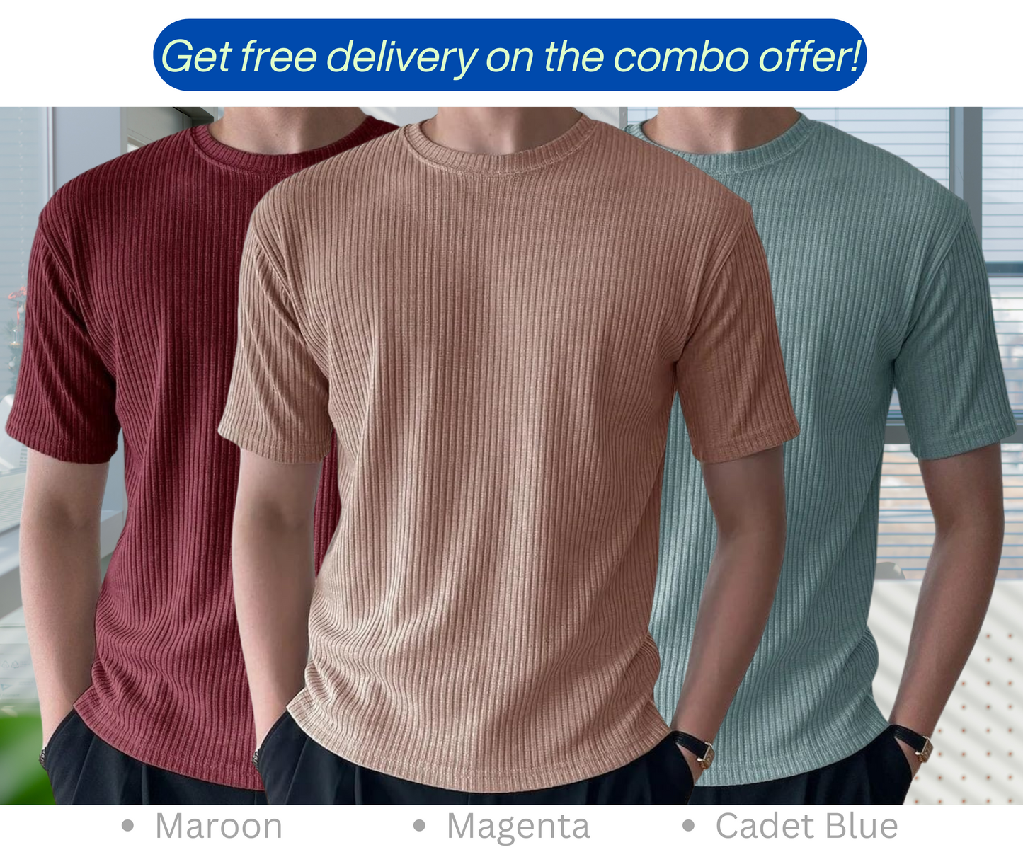 Rib T-Shirt Combo (Magenta, Cadet Blue, Maroon)