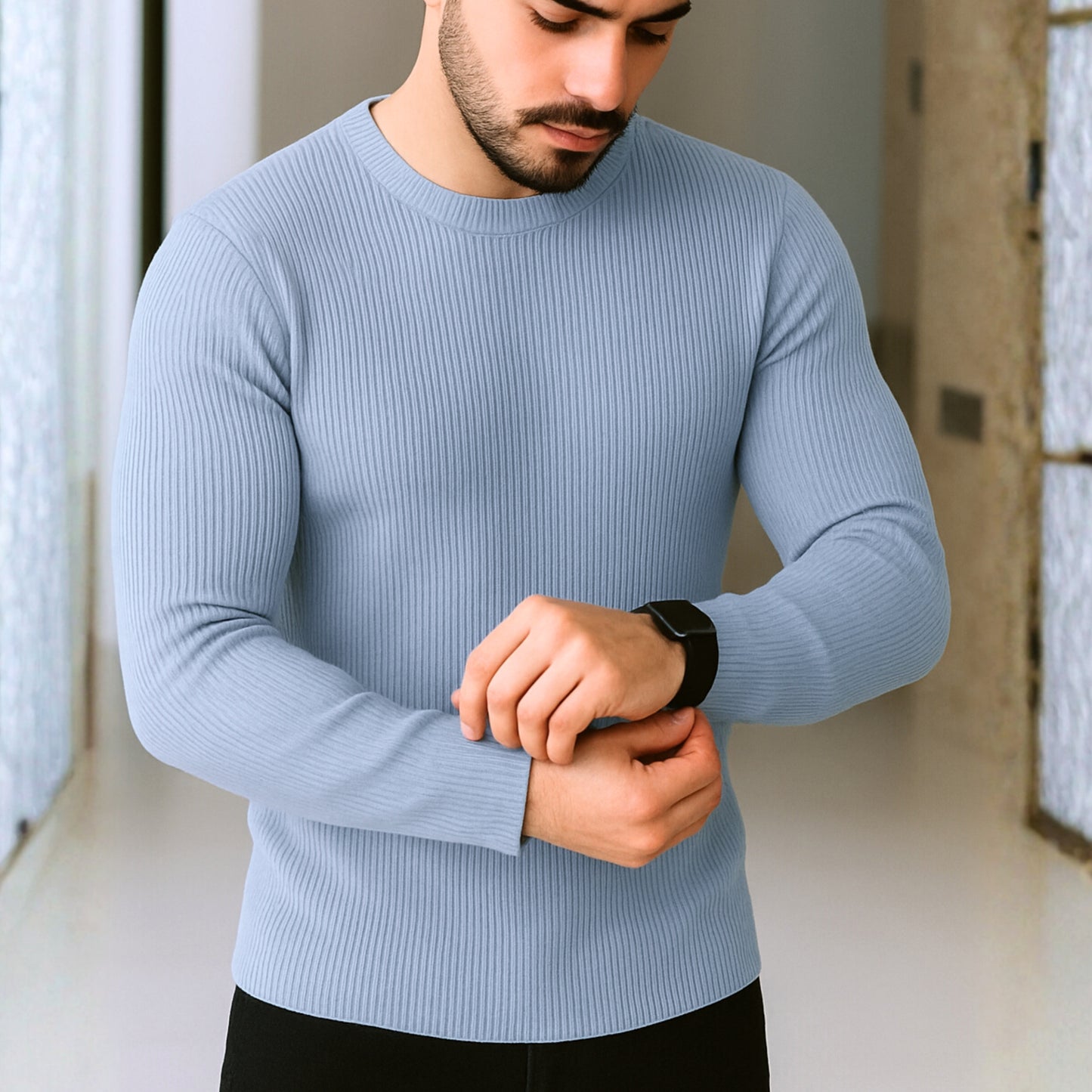 Premium Full Sleeve Rib T-Shirt Sky Blue