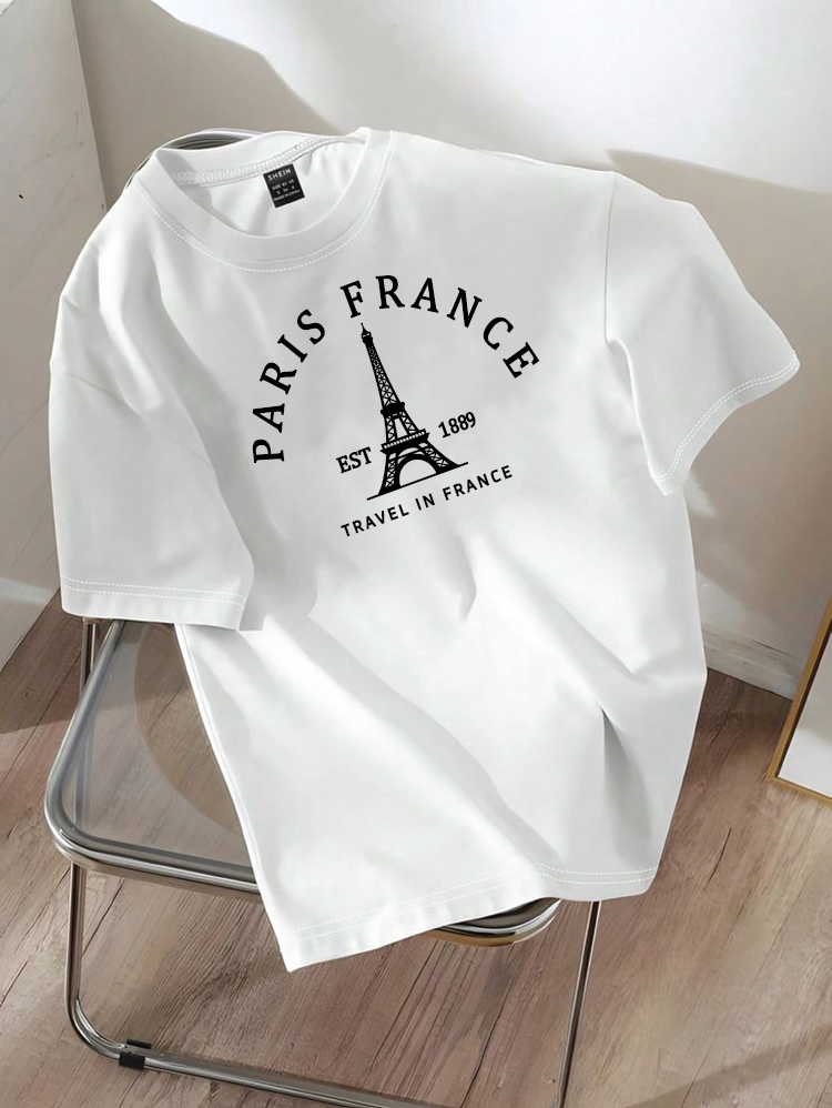 Drop Shoulder T-shirt Print PARIS FRANCE